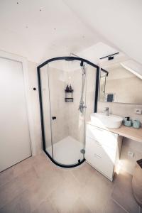 a bathroom with a shower and a sink at Apartmán Podkroffka in Bořetice