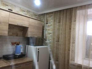eine kleine Küche mit einem Kühlschrank und einem Fenster in der Unterkunft Кабанбай ЦГБ больница in Semei