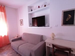 Una sala de estar con un sofá y un televisor. en Casa Diamante, a 50mt dal mare, en Santa Cesarea Terme