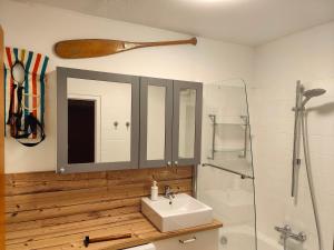 a bathroom with a sink and a mirror and a shower at LOLLIPOP - metro to the opera 4 mins away in Vienna