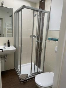 a shower in a bathroom with a toilet and a sink at Gästehaus Wind und Meer in Norddeich