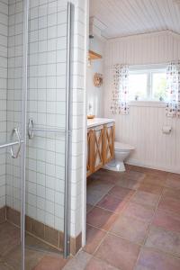 a bathroom with a shower and a toilet at Seaside Cottage Nr 3, Saltvik Hudiksvall in Hudiksvall
