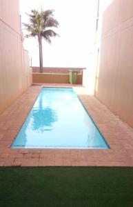 a swimming pool in a building with a palm tree at Margate Beachfront Apt for 6 adults 2 kids in Margate