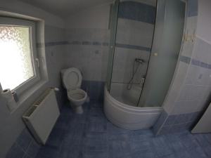 een badkamer met een bad, een toilet en een douche bij Apartmán U Švejdy in Skuhrov nad Bělou