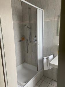 a bathroom with a shower and a sink at Gästehaus Veronika in Altenberge