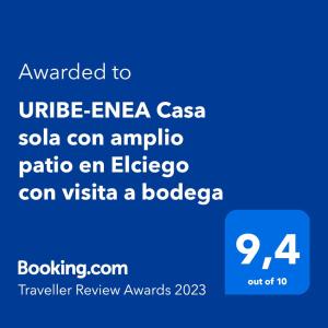 Certyfikat, podpis lub inny dokument wystawiony w obiekcie URIBE-ENEA Casa sola con amplio patio en Elciego con visita a bodega, siempre sujeta a disponibilidad