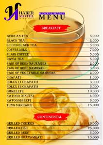 un poster di un menù con una ciotola di cibo di Habermotel Enterprise Ltd a Entebbe
