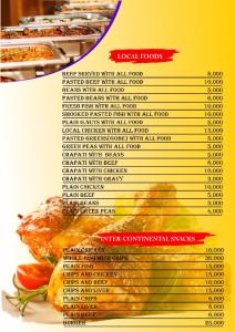 een menu met etenswaren op een bord bij Habermotel Enterprise Ltd in Entebbe