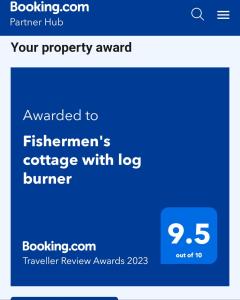 Сертификат, награда, вывеска или другой документ, выставленный в Fishermen's cottage with log burner, 2 bathrooms & sea views from garden terraces