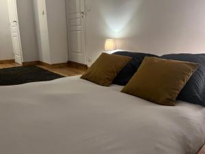 - une chambre avec un lit blanc et 2 oreillers dans l'établissement Brive centre, superb appartement en face du Marché Primé, à Brive-la-Gaillarde