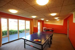 a ping pong table in a room with red walls at Jugendherberge Dahme in Dahme