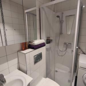 a bathroom with a shower and a toilet and a sink at Nydelig leilighet, Free parking near sentrum in Bergen