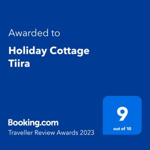 Ett certifikat, pris eller annat dokument som visas upp på Holiday Cottage Tiira