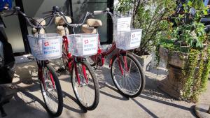 - deux vélos garés l'un à côté de l'autre avec des paniers dans l'établissement Hotel Montha, à Chiang Mai