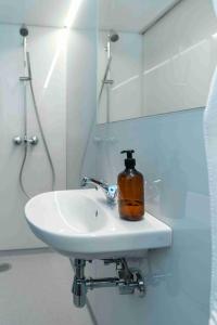 baño con lavabo y dispensador de jabón en Højhuset Kulturhotel, en Herning