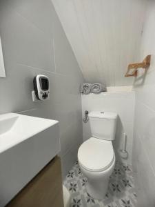 La salle de bains blanche est pourvue de toilettes et d'un lavabo. dans l'établissement Appartement avec chambre ouverte, à Bourg-Madame