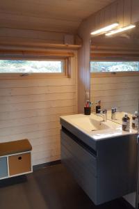 baño con lavabo y 2 ventanas en Myrullen - Cabin at Sørbølfjellet, en Flå