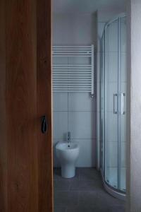 a bathroom with a toilet and a glass shower at Le Spine B&B sulla Via Francigena in Berceto