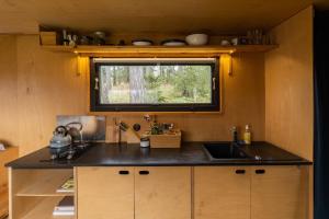 una pequeña cocina con fregadero y ventana en Včelíny Želiv, en Želiv