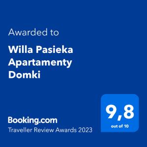 Certifikát, ocenenie alebo iný dokument vystavený v ubytovaní Willa Pasieka Apartamenty Domki
