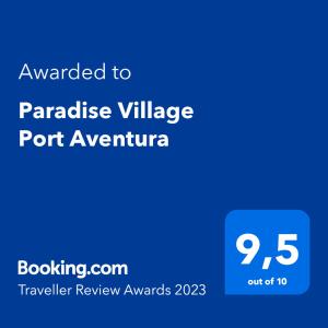 Certificat, premi, rètol o un altre document de Paradise Village Port Aventura