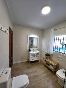 bagno con servizi igienici, lavandino e specchio di Casa en pueblo con piscina cerca de Córdoba a Encinarejo De Córdoba