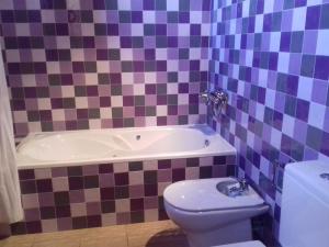 La salle de bains est pourvue de toilettes et d'une baignoire. dans l'établissement Apartamentos Bergantes, à Ortells