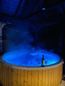 a bottle of wine and two glasses in a hot tub at Pensiunea Suci in Botiza