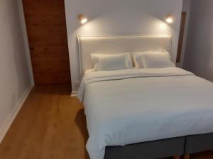um quarto com uma grande cama branca e 2 almofadas em La Vieille Maison aux Canards em Neuvic-Entier