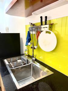 下龍灣的住宿－CHÉRIE HOMEHOTEL，厨房配有水槽和带水槽的台面