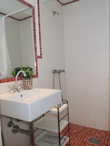 een badkamer met een witte wastafel en een spiegel bij Spacious and light flat with beautiful views in Santander