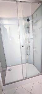 a shower with a glass door in a bathroom at Bungalow Ückeritz in Ueckeritz +29 photos