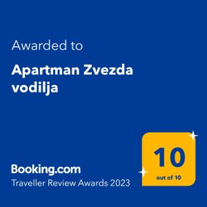 Certificado, premio, señal o documento que está expuesto en Apartman Zvezda vodilja