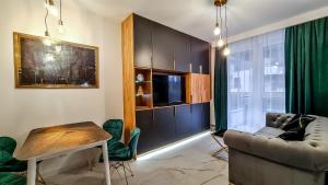 salon z kanapą i telewizorem w obiekcie Gold Apartament przy Księżym Młynie - Garaż - Dostęp na Kod - FV w Łodzi