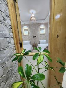 Green Surf House في أغادير: غرفة نوم بسريرين في غرفة بها نباتات