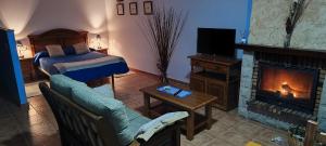 サント・トメ・デル・プエルトにあるApartamentos Turísticos La Casa de Dafneの暖炉とベッドのあるリビングルームのある寝室