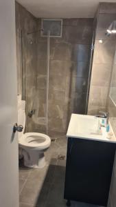 a bathroom with a toilet and a shower and a sink at Jerusalem Panorama Hotel in Jerusalem