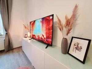 a flat screen tv sitting on top of a white cabinet at Daheim in Dresden in Dresden