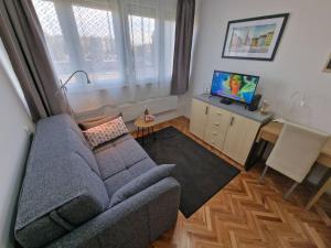 a living room with a couch and a table and a television at Studio SVACIC self check in in Osijek