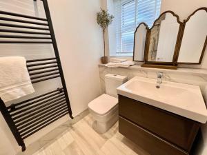 a bathroom with a sink and a toilet and a mirror at Rose Cottage at The Stables in Stannington