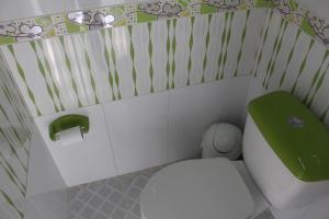 a small bathroom with a white toilet and a green sink at Serranía Eco Lodge in San Juan de Arama