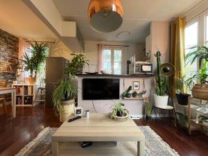 a living room with potted plants and a tv at Le coin vert - 30'min de Paris 1km du RER in Chennevières-sur-Marne