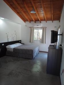 1 dormitorio con 1 cama y TV en Complejo El Peregrino en Cortaderas