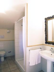 uma casa de banho com um chuveiro, um lavatório e um WC. em Appartamento Geranio em San Miniato