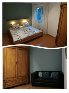two pictures of a bedroom with a bed and a couch at Ahrtal Vier Sterne Ferienwohnungen Alexandra Weiler Ferienwohnung Harmonie in Bad Neuenahr-Ahrweiler