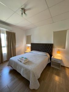 ein Schlafzimmer mit einem Bett, zwei Lampen und einer Decke in der Unterkunft Bitcoin's House II. Laguna Brava in Corrientes