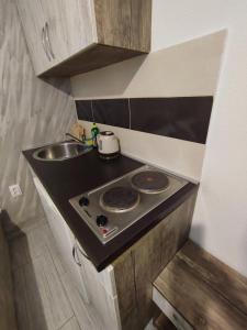 una piccola cucina con lavandino e piano cottura di Apartments Blago Sutomore a Sutomore