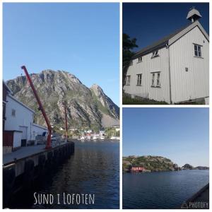 un collage di tre immagini di un edificio e di un corpo idrico di Lofoten - Stor leilighet i idyllisk fiskevær a Sund