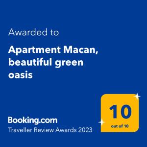Certyfikat, podpis lub inny dokument wystawiony w obiekcie Apartment Macan, beautiful green oasis