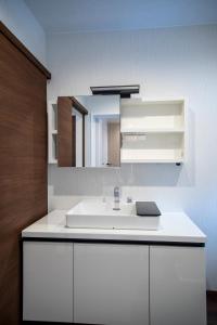 a bathroom with a white sink and a mirror at Blue Heron in Rusutsu